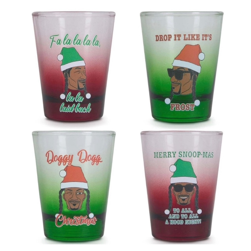 New Snoop On The Stoop 4-Pack Christmas Holiday Shot Glass Set